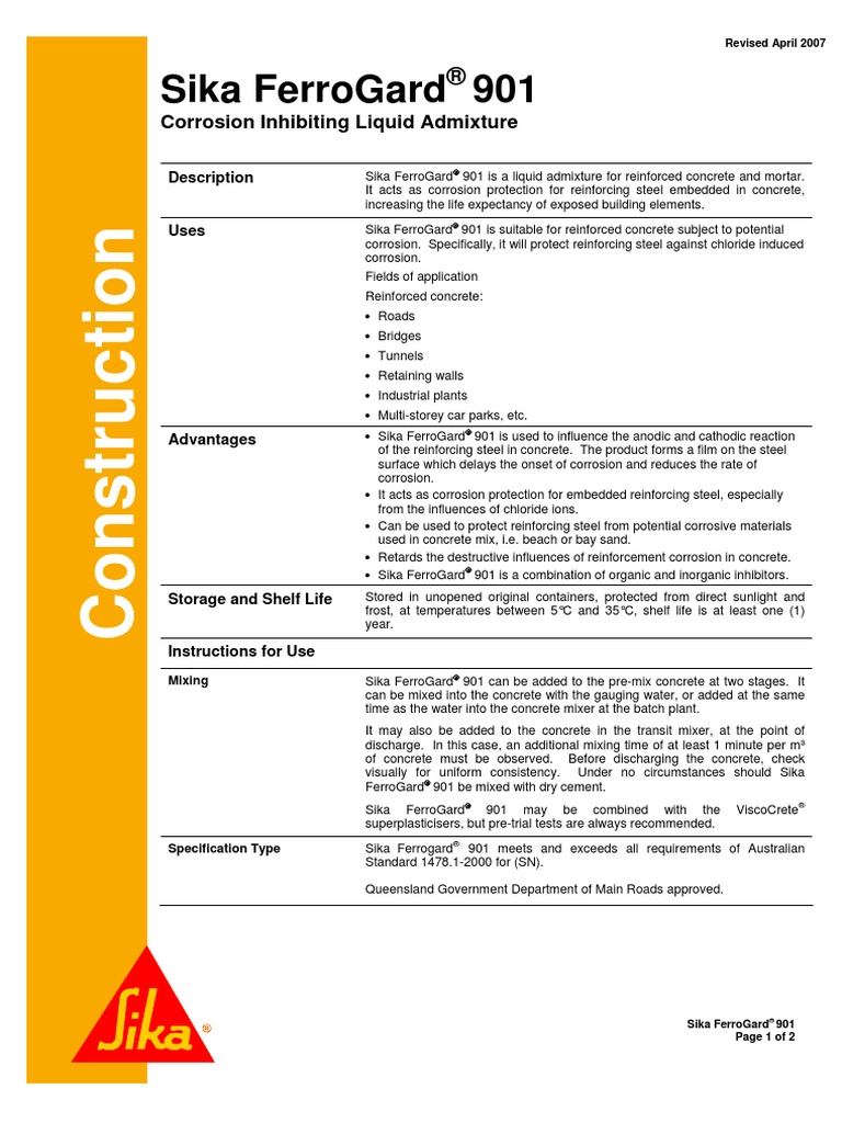 Sika Ferrogard 901: Corrosion Inhibiting Liquid Admixture | PDF ...