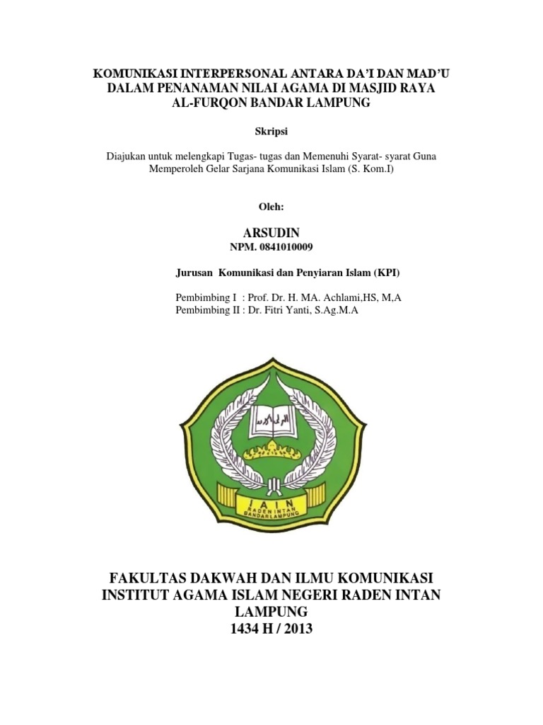 Komunikasi Interpersonal Antara Da I Dan Mad U Dalam Penanaman Nilai Agama Di Masjid Raya Al Furqon Arsudin S Kom I Pdf