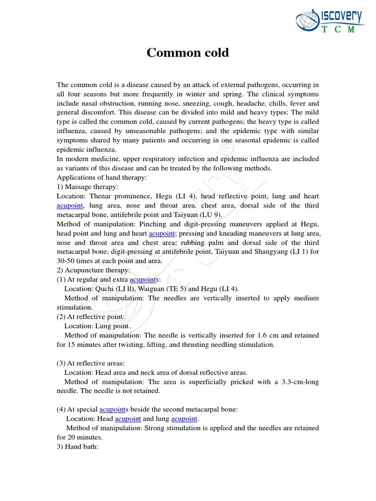 Common Cold PDF Common Cold Acupuncture