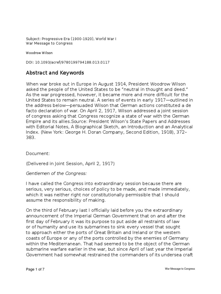 5. Wilson.war Message to Congress Woodrow Wilson German Empire