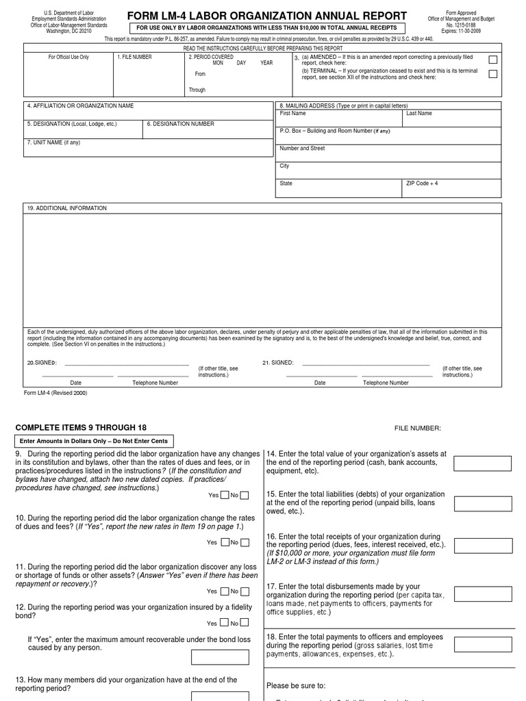 Department of Labor: lm4 Blankform | PDF | Fee | Loans