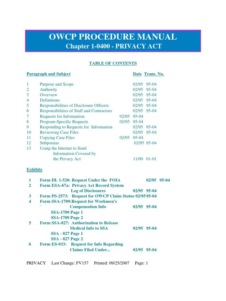 Owcp Procedure Manual: Chapter 1-0400 - PRIVACY ACT | PDF | Freedom Of ...
