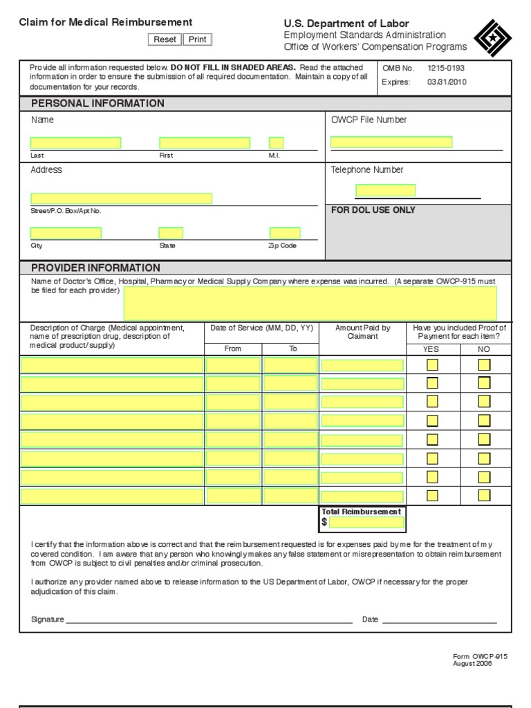 OWCP-915 Medical Reimbursement Form | PDF | Medical Prescription | Pharmacy