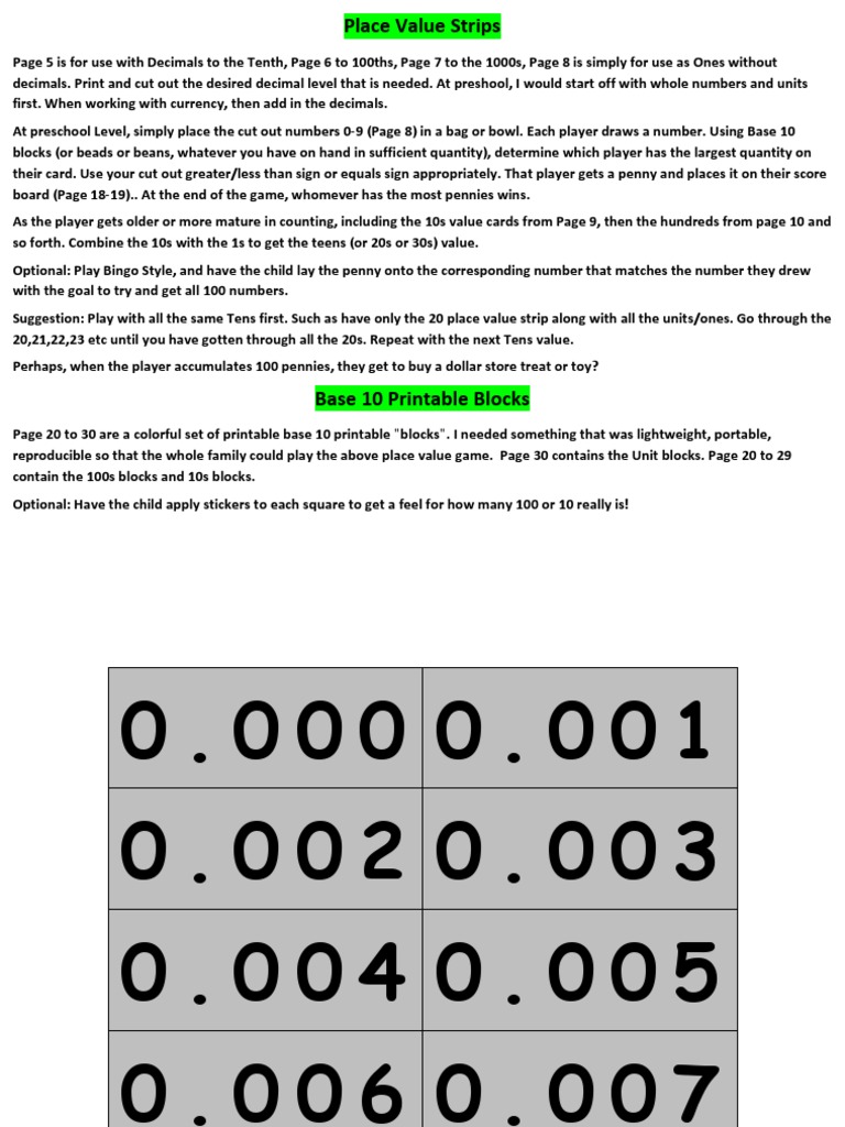 Place Value Strips And Base 10 Blocks Printable Decimal Currency