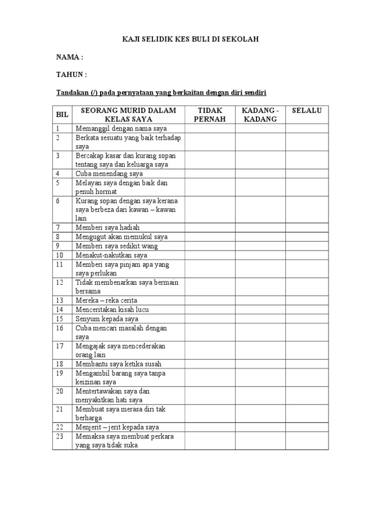 Soalan Kaji Selidik Kes Buli Di Sekolah Pdf