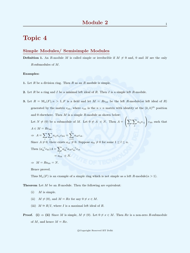 Topic 4: Simple Modules/ Semisimple Modules | PDF | Module (Mathematics ...