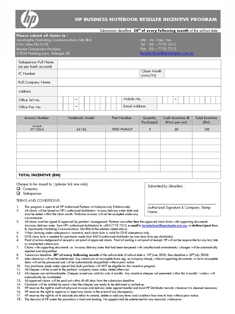 HP bNB Reseller Incentive Claim Form.pdf | Cheque | Receipt