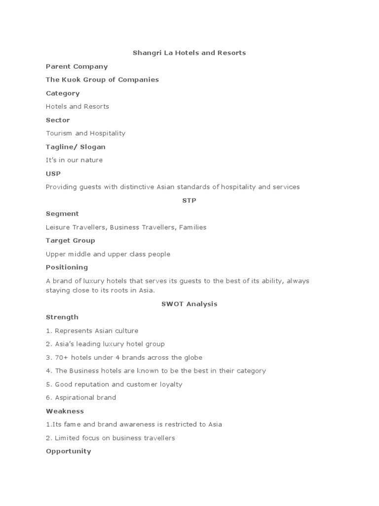 Shangri La Hotels And Resorts Swot Hotel Brand
