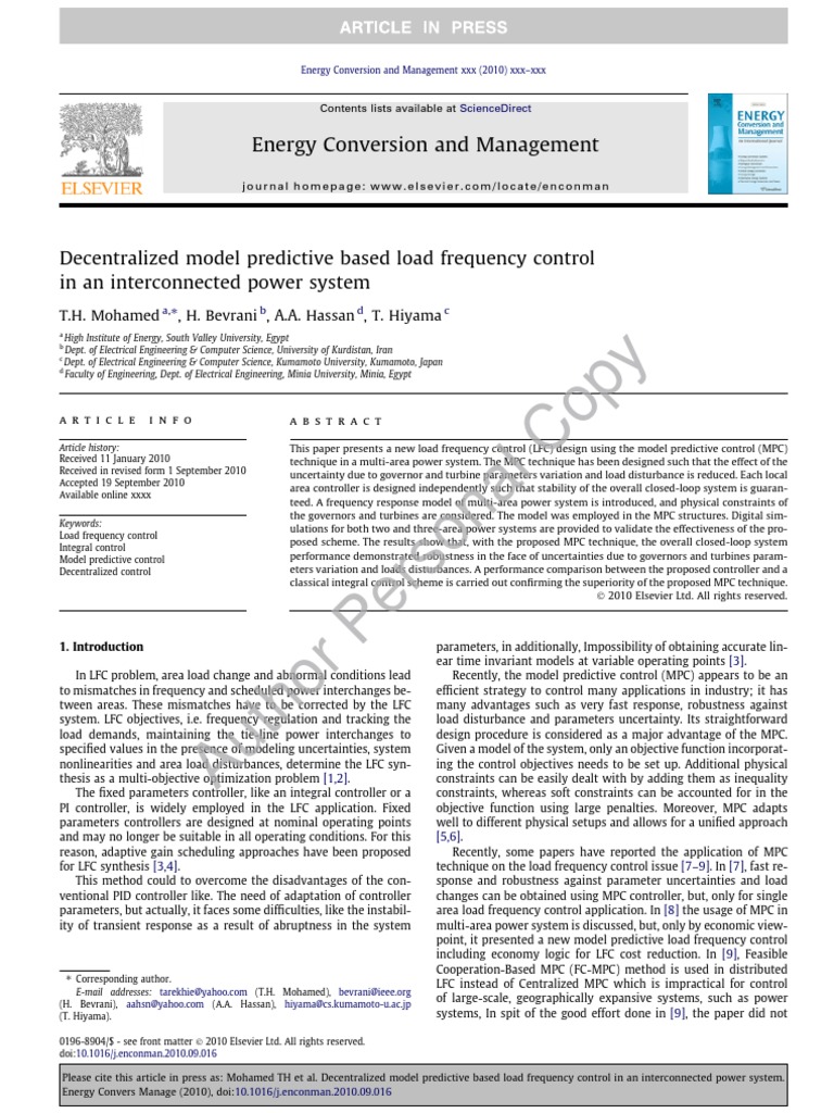 Decentralized Model Predictive Based Load Frequency Control | PDF ...