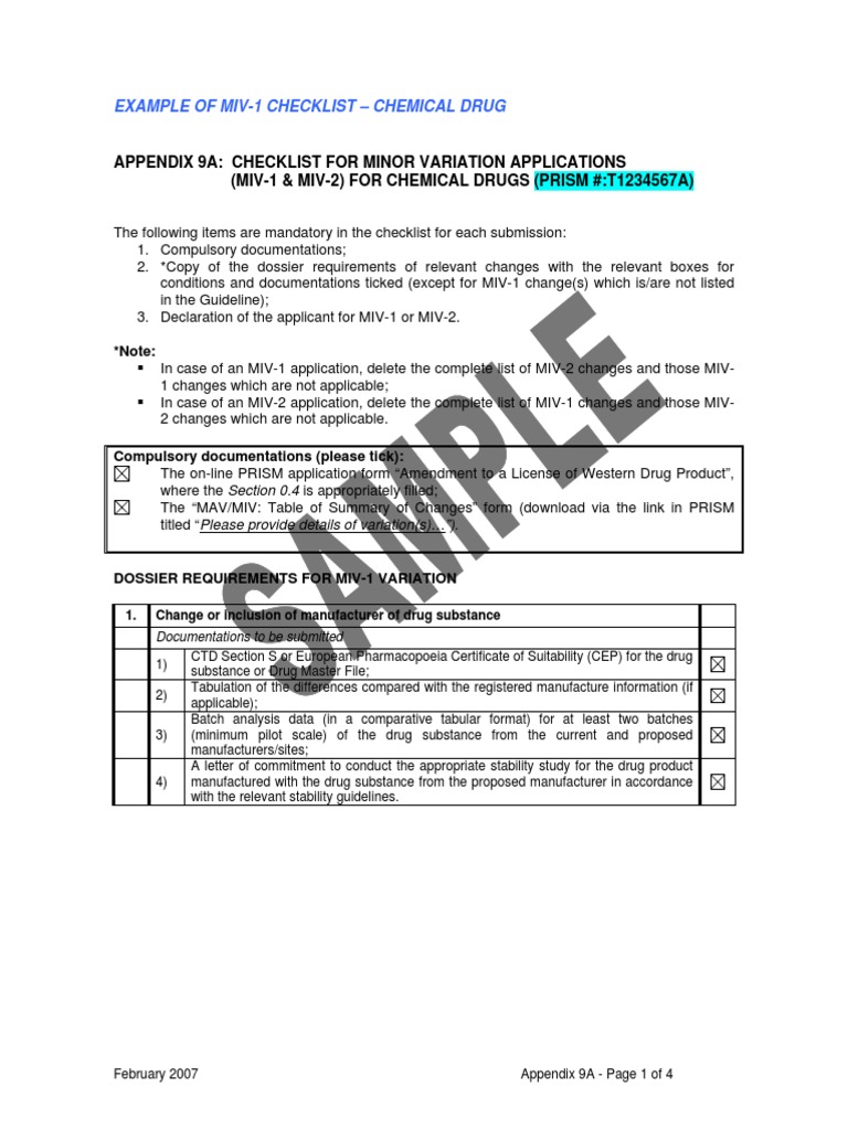 MIV-1 and MIV-2 Checklist for Drugs | PDF | Specification (Technical ...