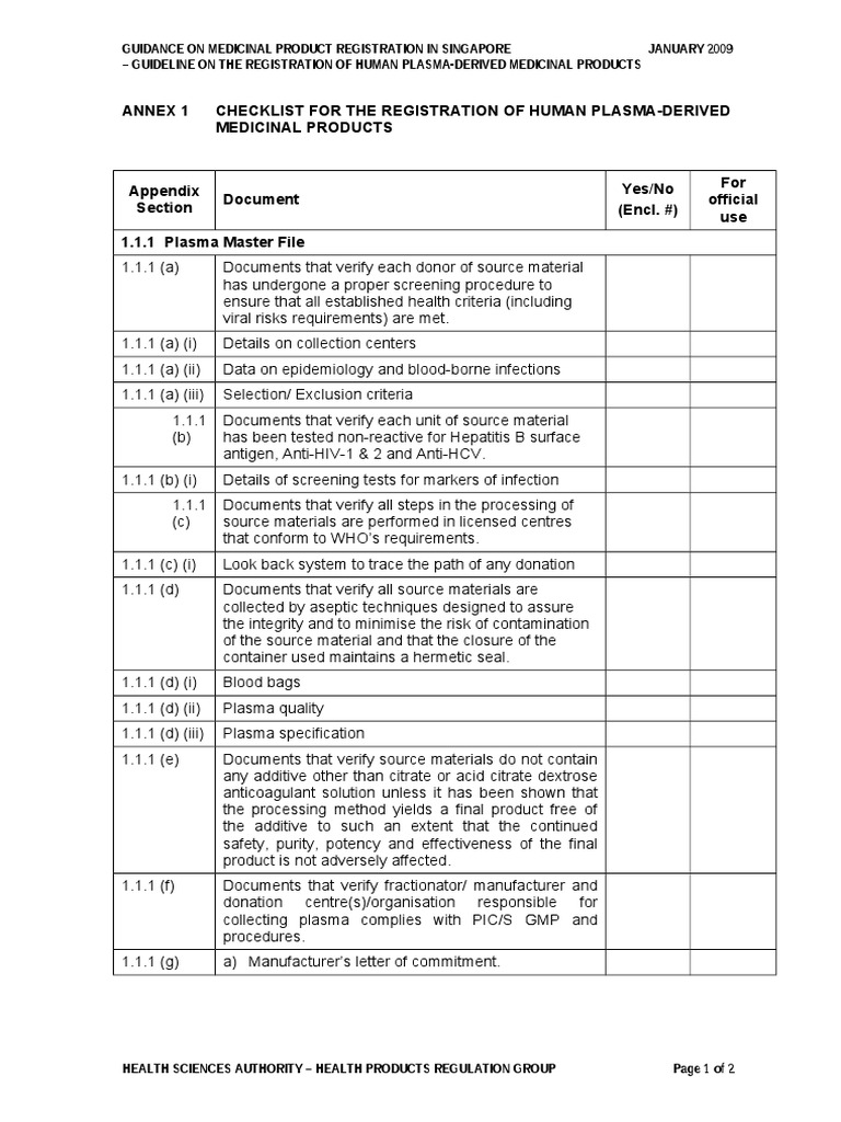 Appendix 10A Checklist For The Registration of Human PlasmaDerived
