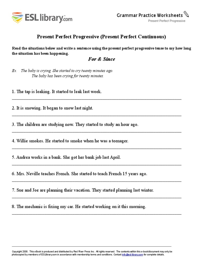 Present Perfect Progressive Tense Worksheet Pdf