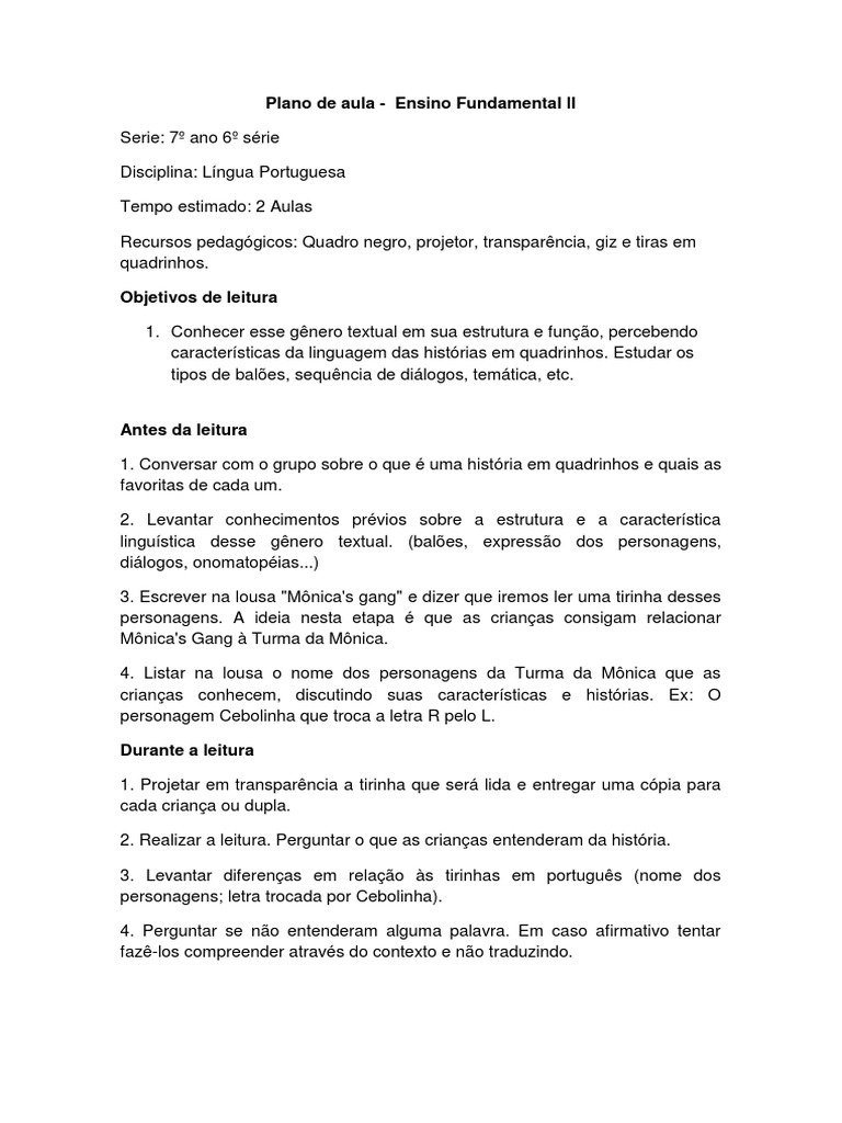 Plano de Aula Portugues Tiras | PDF