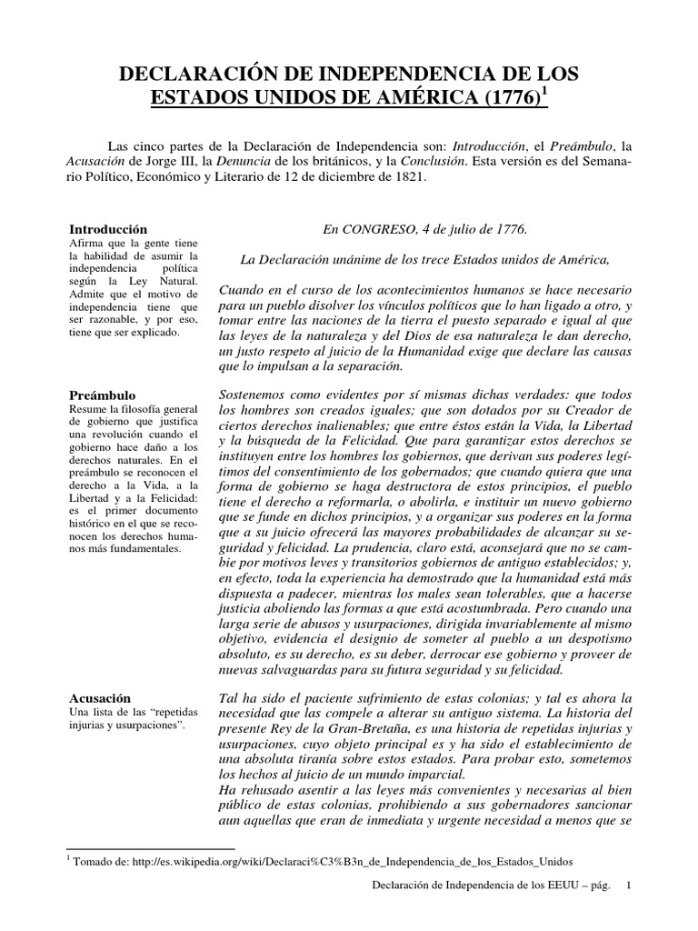 Declaración de Independencia EE.UU. 1776 | PDF | Derecho