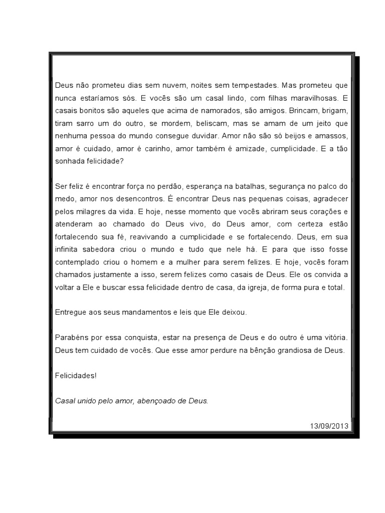 Carta para Encontro de Casais Católico PDF Amor Amizade