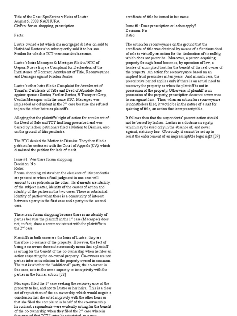 Sps Santos V Heirs of Lustre PDF Laches (Equity) Civil Law