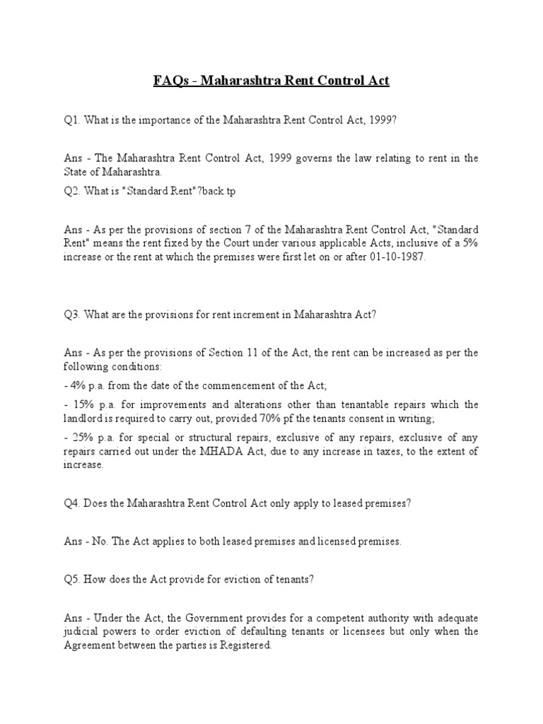 FAQs - Maharashtra Rent Control Act | Leasehold Estate ...