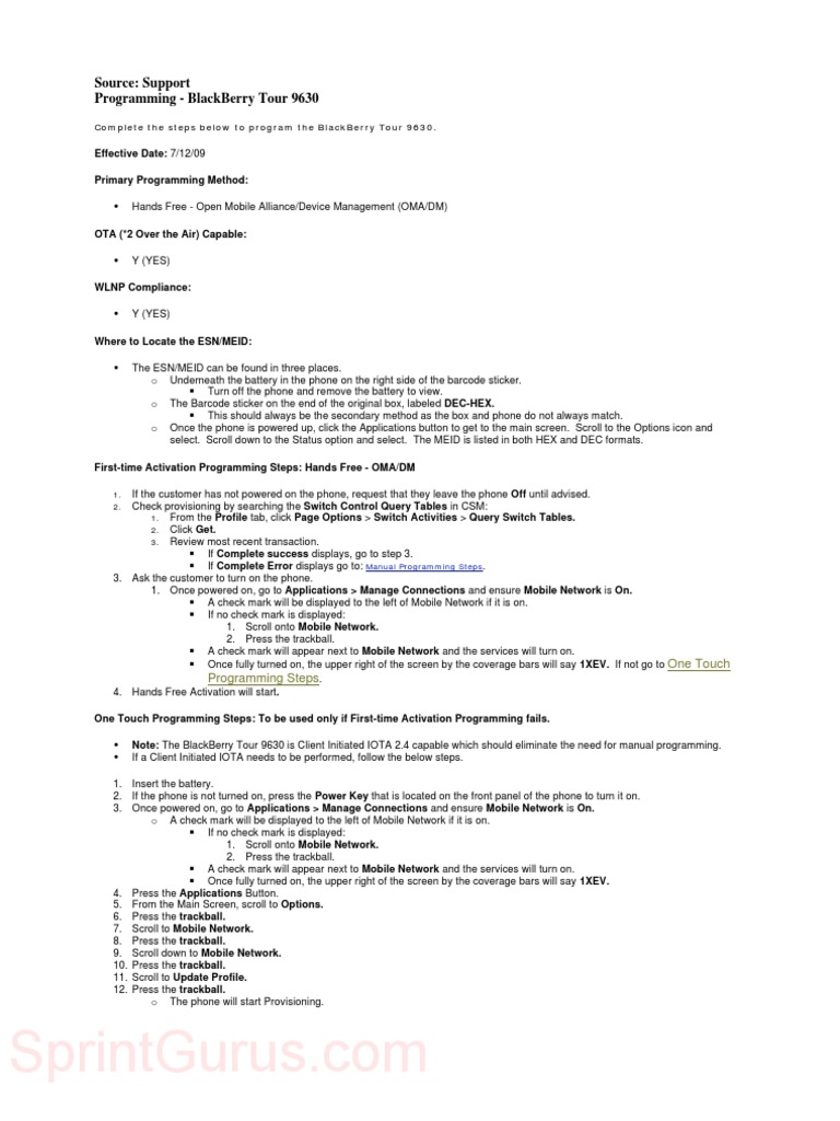 Sprint BlackBerry Tour 9630 Programming Guide | Blackberry | Mobile  Technology