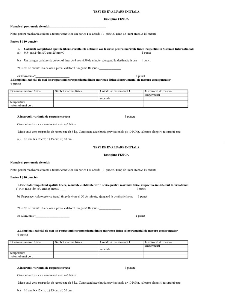 0 Test Initial Clasa 9 Fizica | PDF