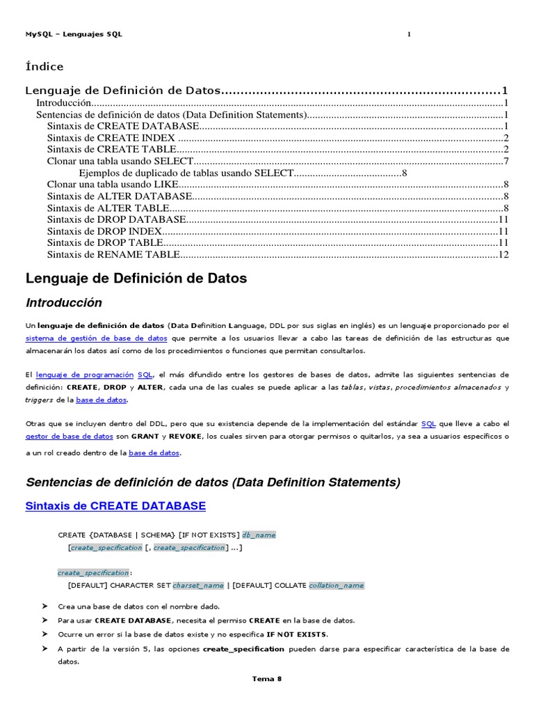 Tema8 Lenguaje DDL | PDF | SQL | Bases de datos