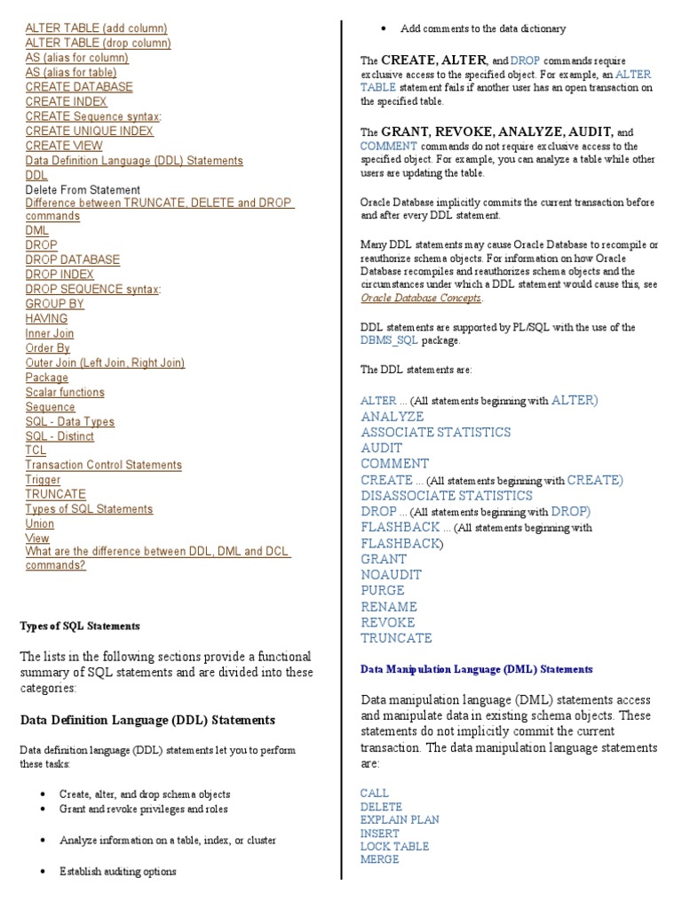 Basic SQL Commands - Definitions | Sql | Pl/Sql