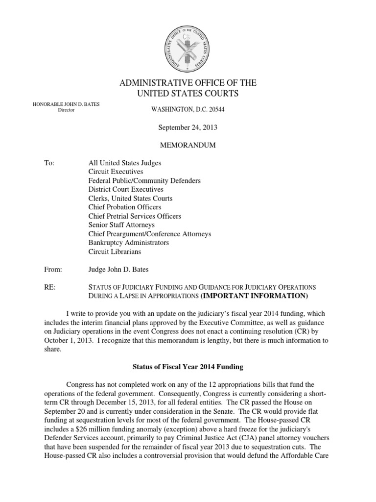 FY 2014 Jud Funding & Guidance For Operations During Lapse in Approps
