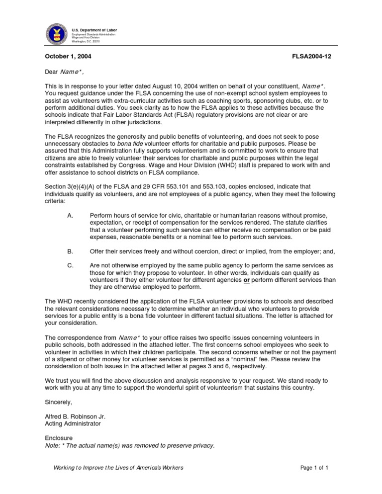Department of Labor: 2004 10 01 12 FLSA NonExemptSchoolEmployees | PDF ...