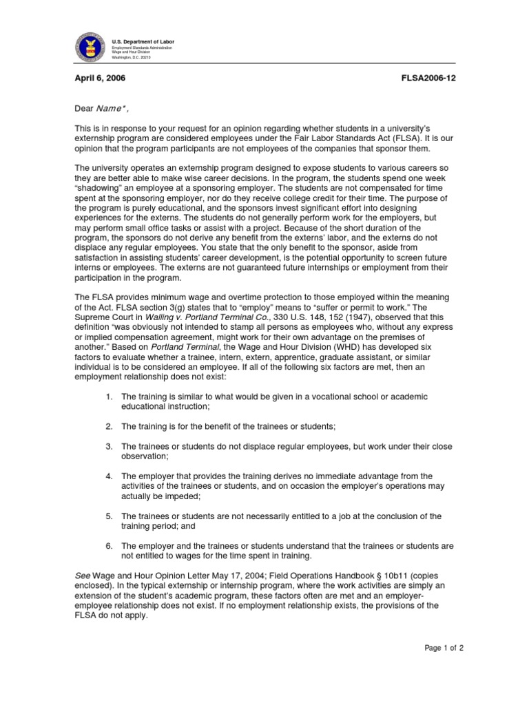 Externship Program Employee Status FLSA | PDF | Employment | Government ...