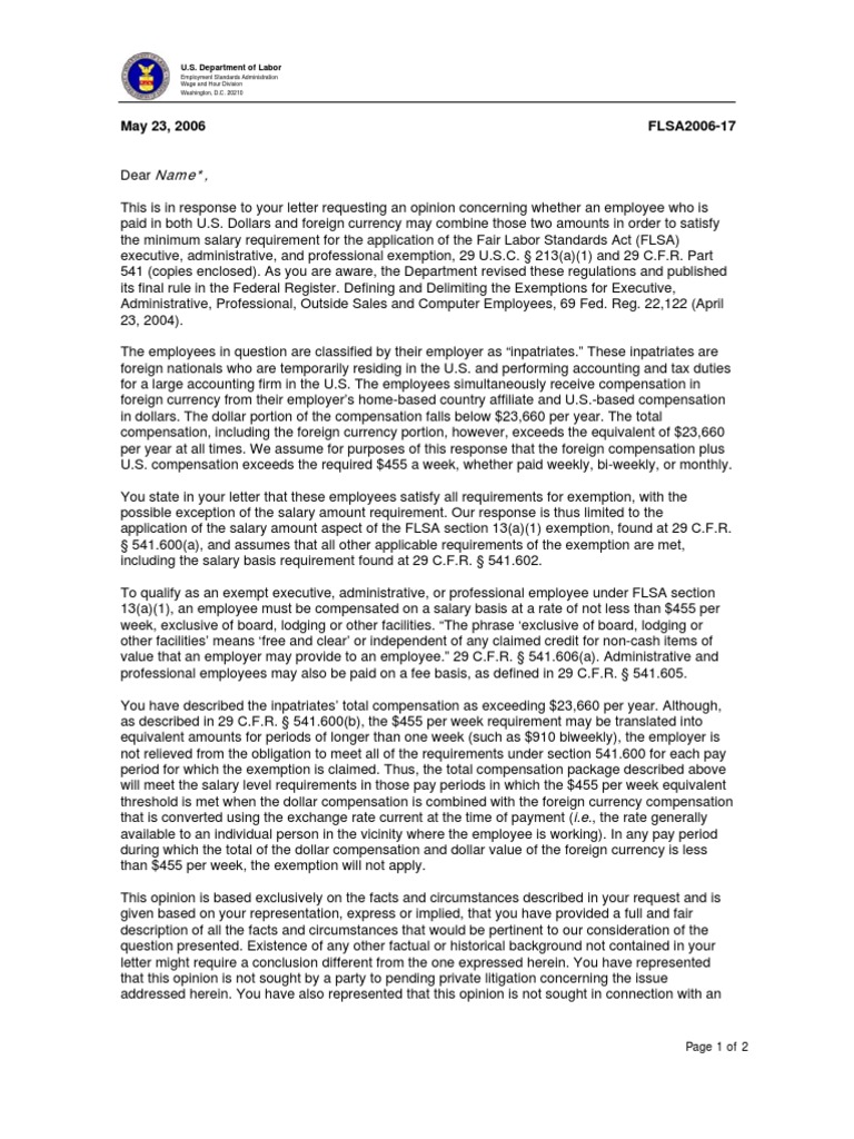 Department of Labor: 2006 05 23 17 FLSA | PDF | Salary | Labor