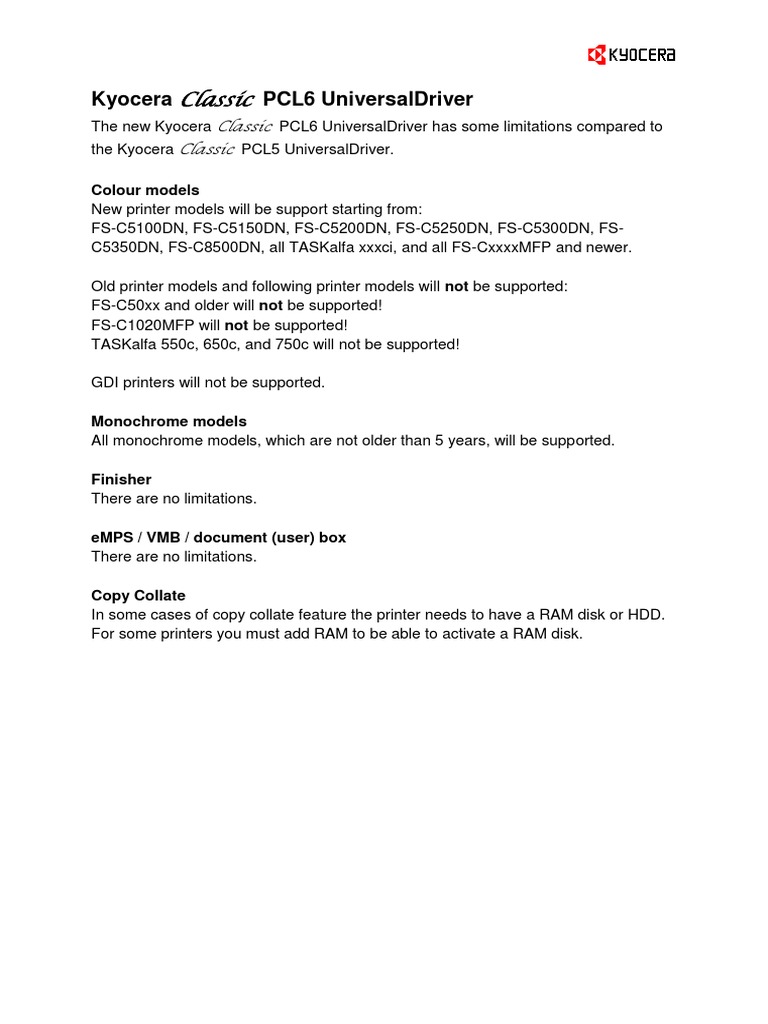 Kyocera PCL6 Driver Compatibility Guide | PDF | Printer (Computing ...