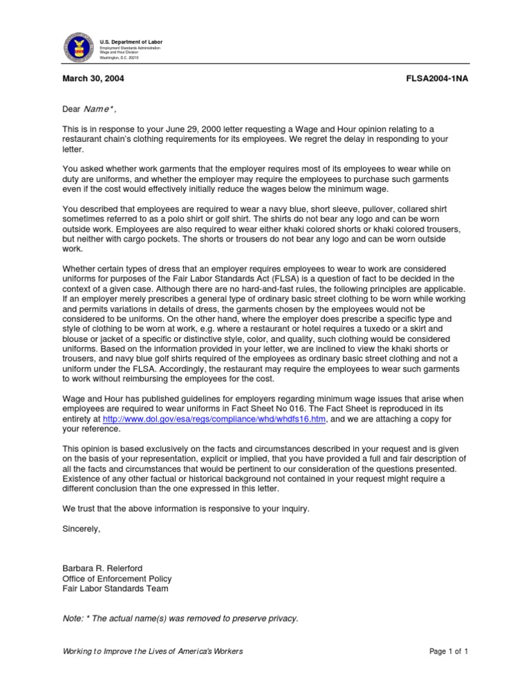 FLSA Opinion on Employee Clothing Costs | PDF | Employment | Shirt