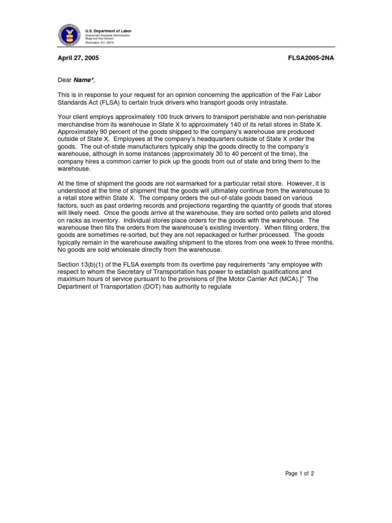 FLSA Opinion on Truck Driver Exemption | PDF | Warehouse | Overtime