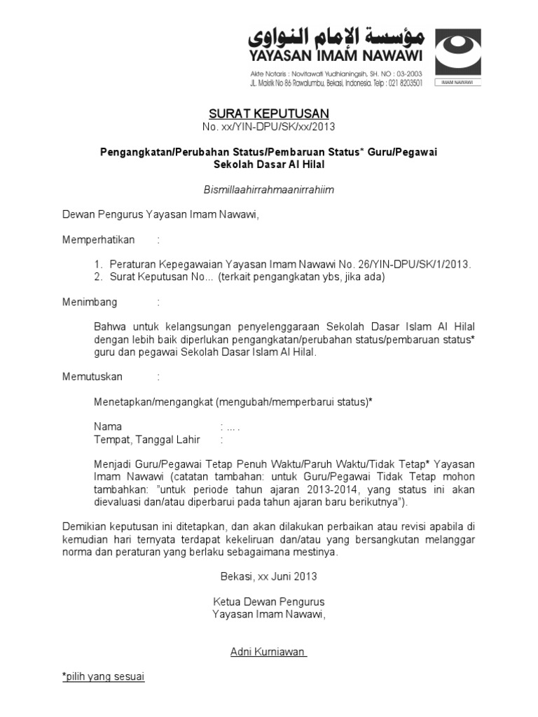 Contoh SK Pengangkatan Guru PDF