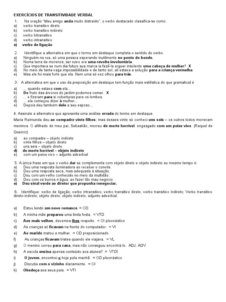 Exercícios de Transitividade Verbal 7º Ano | PDF | Objeto (gramática ...