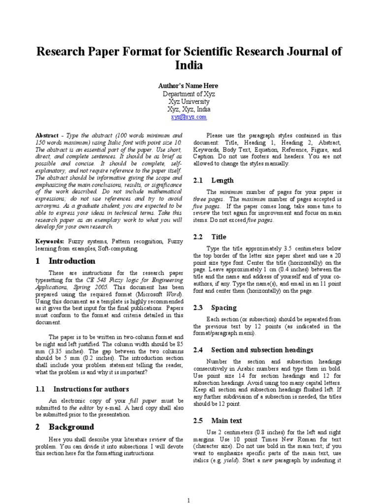 Research Paper Format For Scientific Research Journal of India 