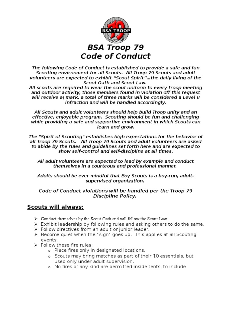 BSA Troop 79 Code of Conduct: Scouts Will Always | PDF | Boy Scouts Of ...
