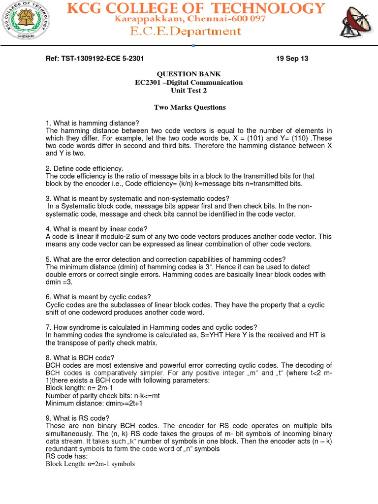 Dc Unit Test 2 Question Bank Pdf Forward Error Correction Code