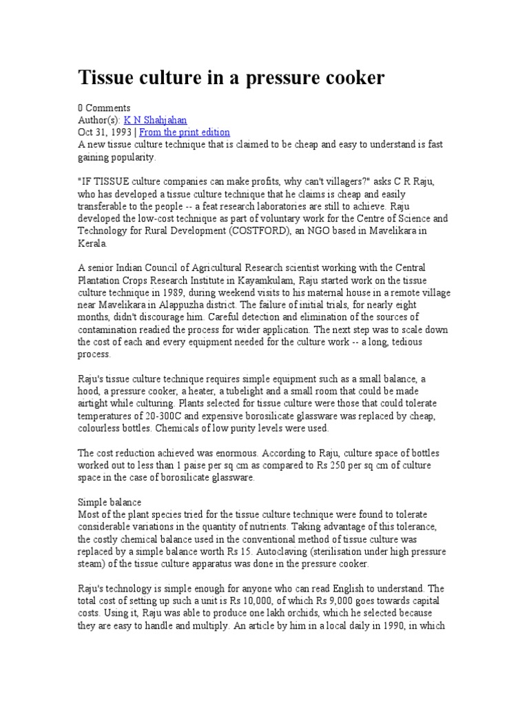 Tissue Culture in A Pressure Cooker PDF Sterilization (Microbiology