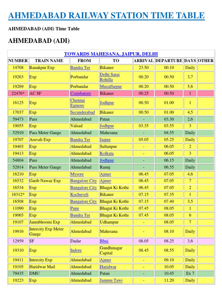 Ahmedabad Railway Station Time Table Gujarat Passenger Rail Transport