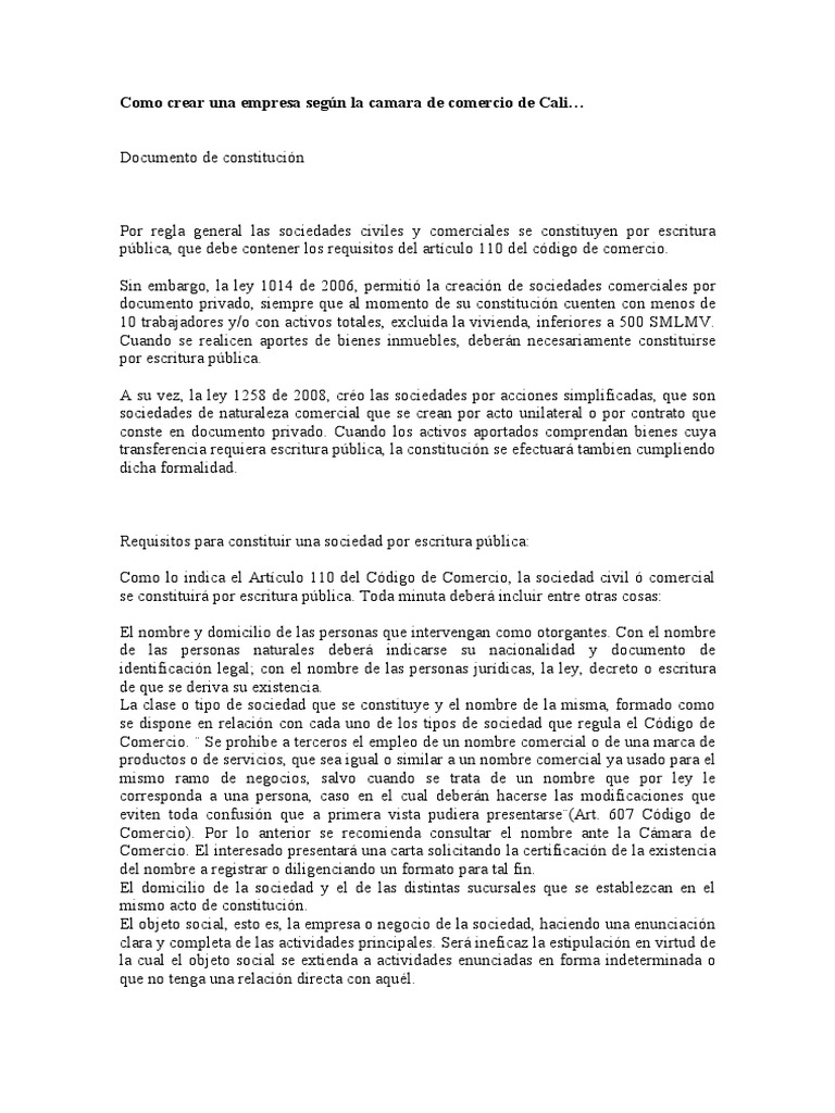 Como Crear Una Empresa Según La Camara de Comercio de Cali | PDF ...