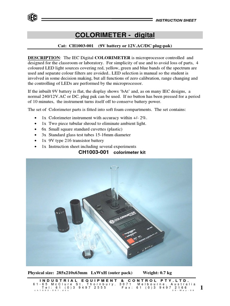 COLORIMETER Digital Cat CH1003001 (9V Battery or 12V.AC/DC PlugPak) PDF Mole (Unit