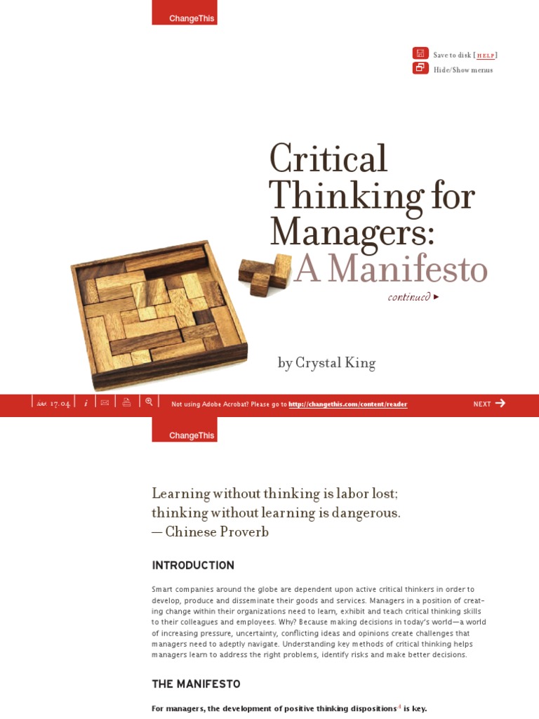 Critical Thinking For Managers:: A Manifesto | PDF | Thought | Creativity