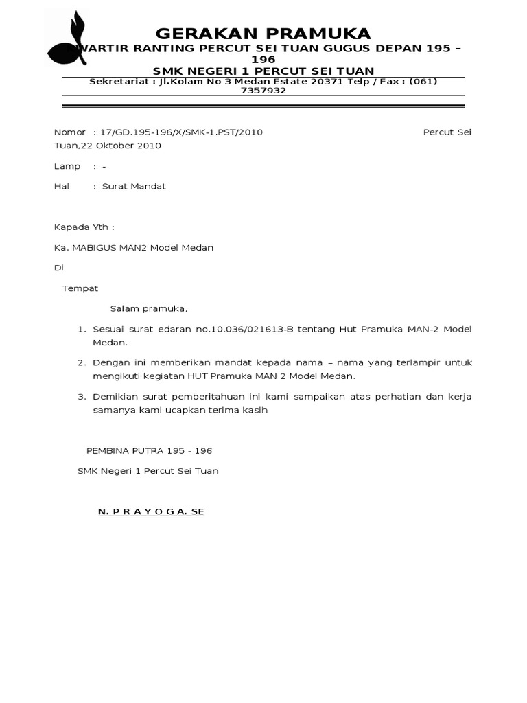 Contoh Surat Mandat Pramuka