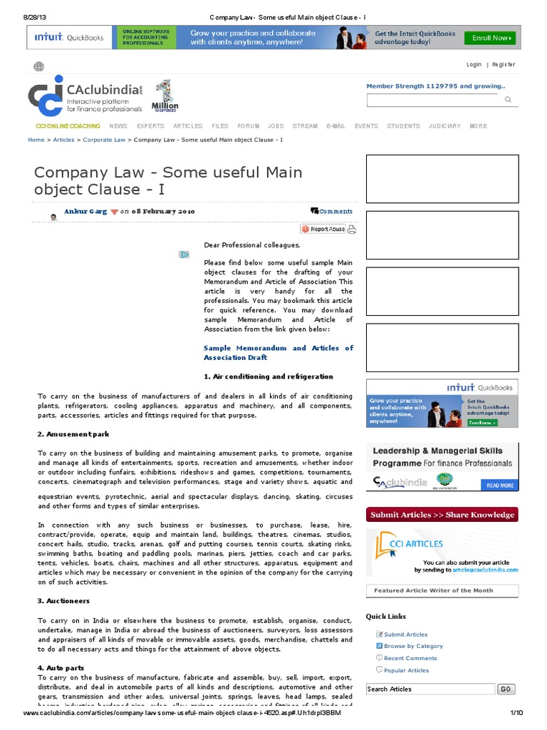 Company Law Some Useful Main Object Clause I Securities (Finance