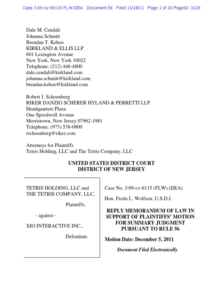 Tetris v. Xio: Reply Memorandum of Law in Support of Plaintiffs' Motion ...