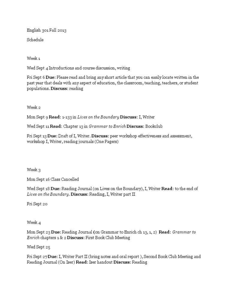 301 Fall 2013 Updated Schedule | PDF