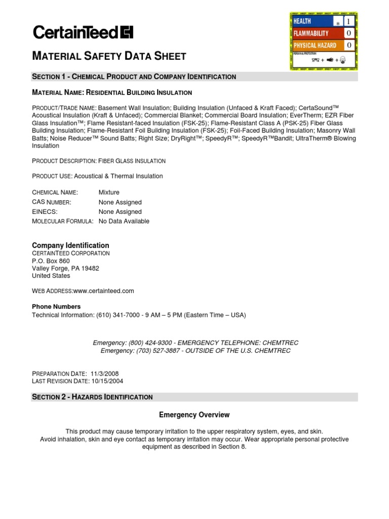 CertainTeed Fiberglass Insulation MSDS Fiberglass Carcinogen