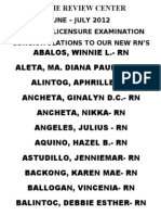 June - July 2012 Nursing Licensure Examination Congratulations To Our New RN'S