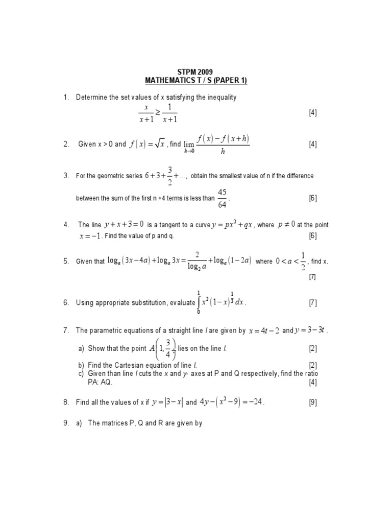 STPM 2009 Mathematics Paper 1 Solutions | PDF