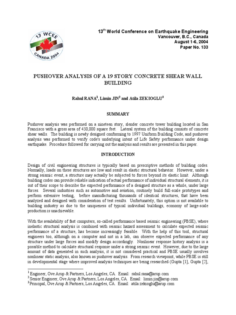 Pushover Analysis of 19-Story Shear Wall Building | PDF